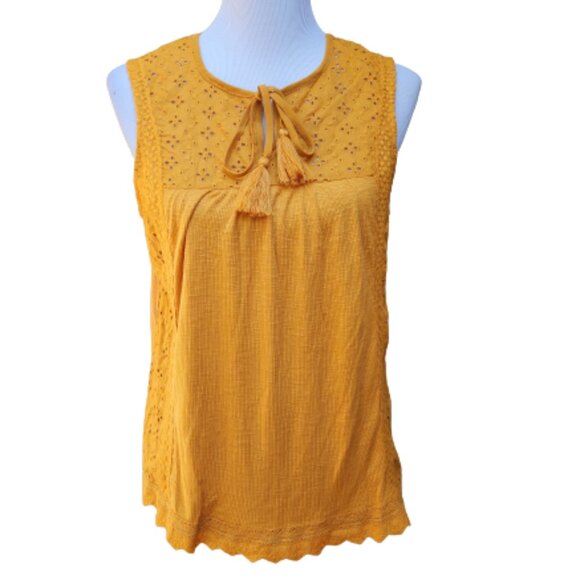 Knox Rose Mustard Yellow Mixed Media Blouse Eyelet Ribbed Tie-Neck Tassel - Picture 2 of 13